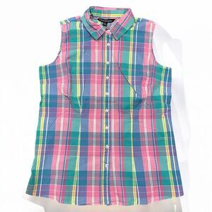 Vtg Sleeveless Summer Plaid Shirt Colorful Madras Check Cottage Mom Pastel Sz 8